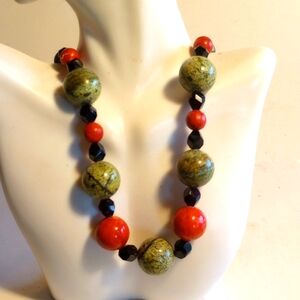 MOSS AGATE APPLE CORAL FACETED GLASS NECKLACE 19" LONG